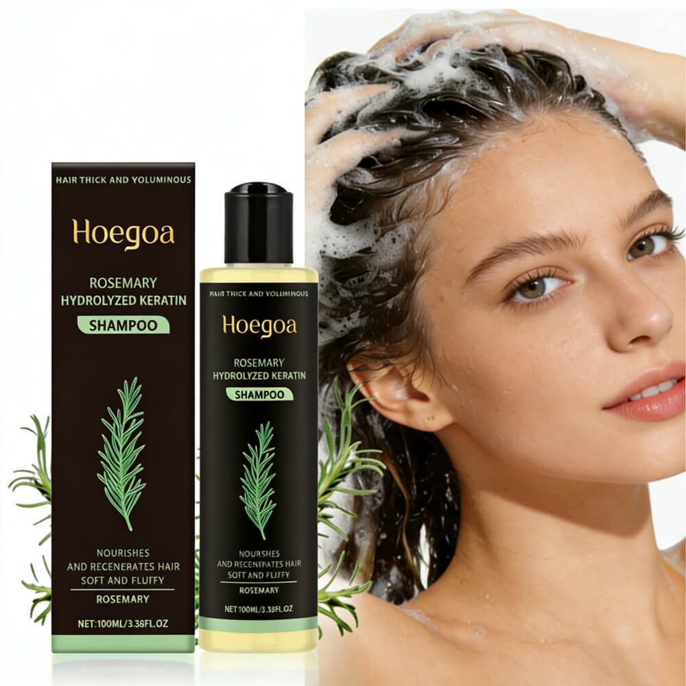 Hoegoa shampoo bottle and packaging with a woman washing her hair.