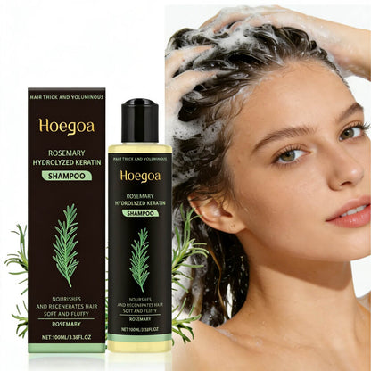 Hoegoa shampoo bottle and packaging with a woman washing her hair.