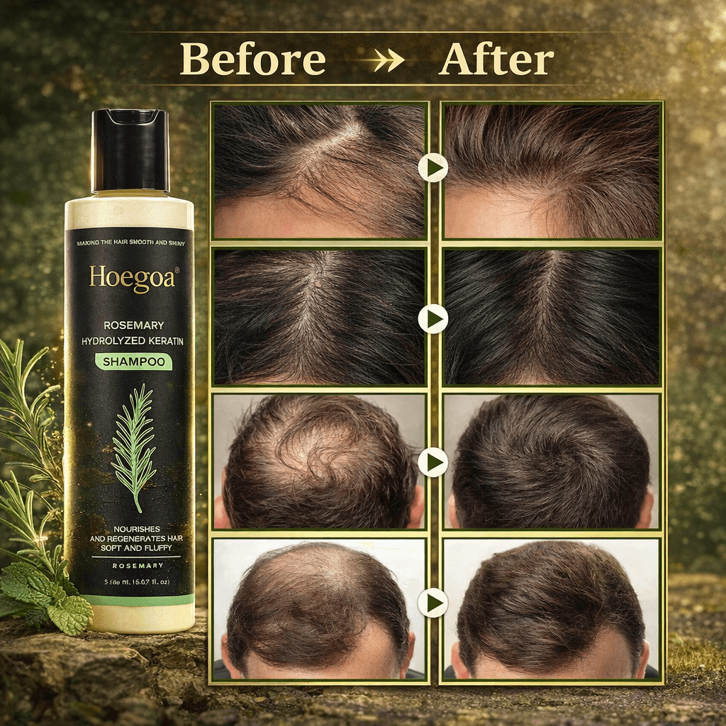 Hoegaon Rosemary Shampoo bottle with 'Before' and 'After' hair transformation images on a wooden background.