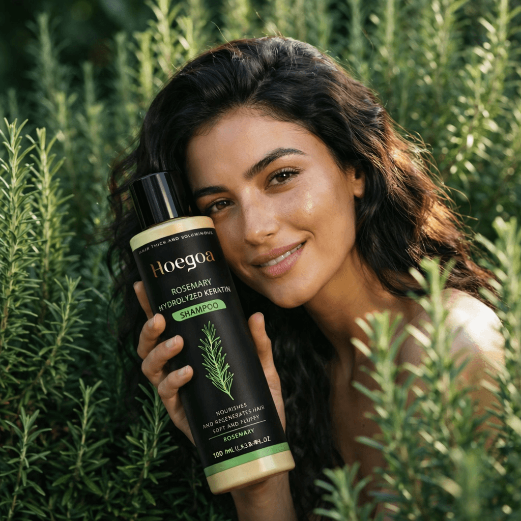 Woman holding a bottle of Hoega shampoo in front of green plants