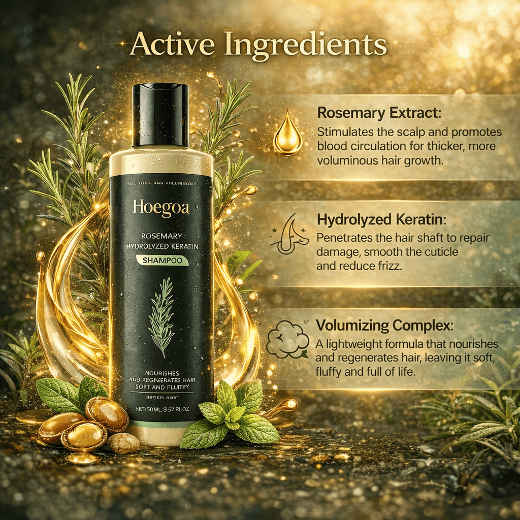 Hoegaa Rosemary Hydrated Keratin Shampoo bottle with active ingredients text on a decorative background