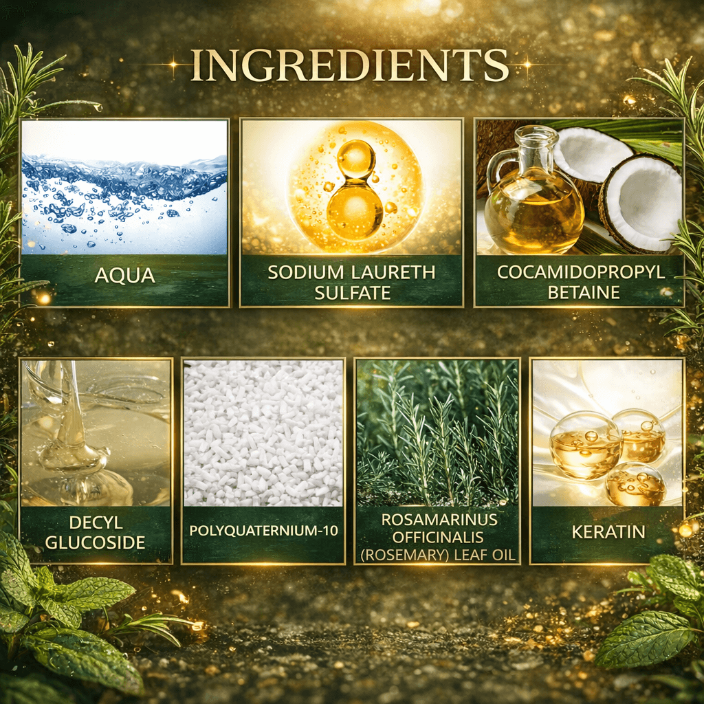 List of ingredients with corresponding images and names on a decorative background with greenery.