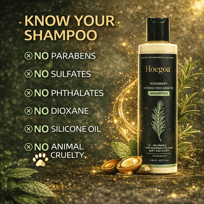 Hoegaoa shampoo bottle with ingredients list on a gold and green background