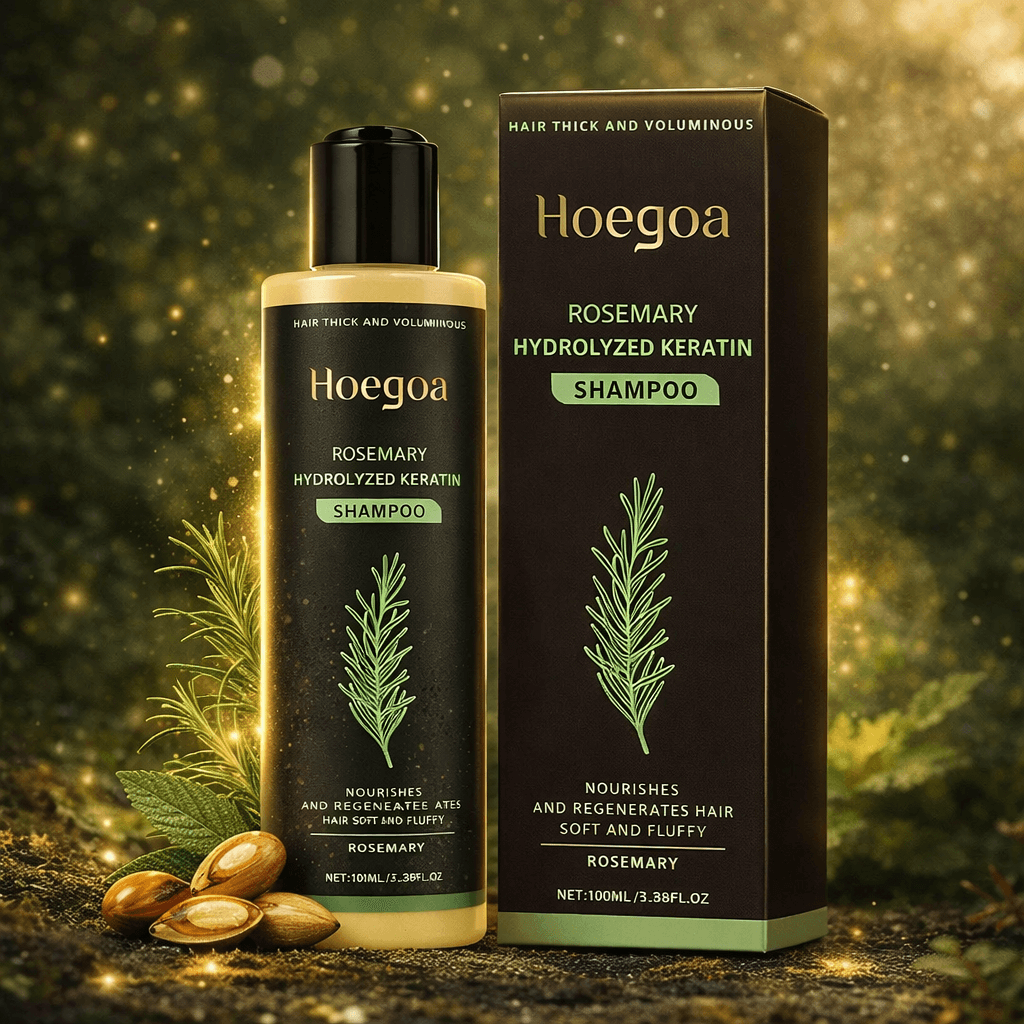 Hoegoa Rosemary Hydrolyzed Keratin Shampoo bottle and packaging on a dark background with green accents.