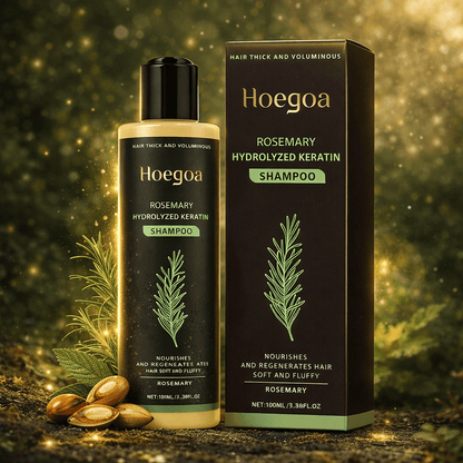 Hoegoa Rosemary Hydrolyzed Keratin Shampoo bottle and packaging on a dark background with green accents.